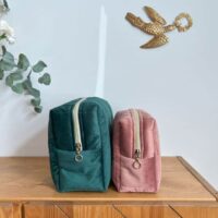 trousses de toilette velours vert et rose matelassée