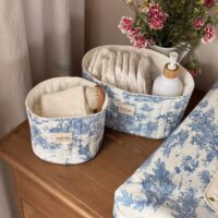 panières de rangement matelassé toile de jouy bleu