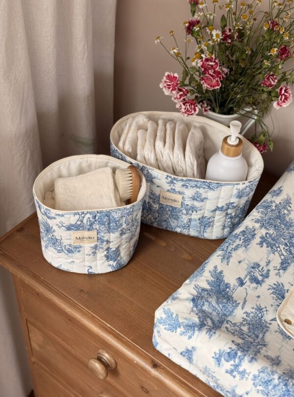 panières de rangement matelassé toile de jouy bleu