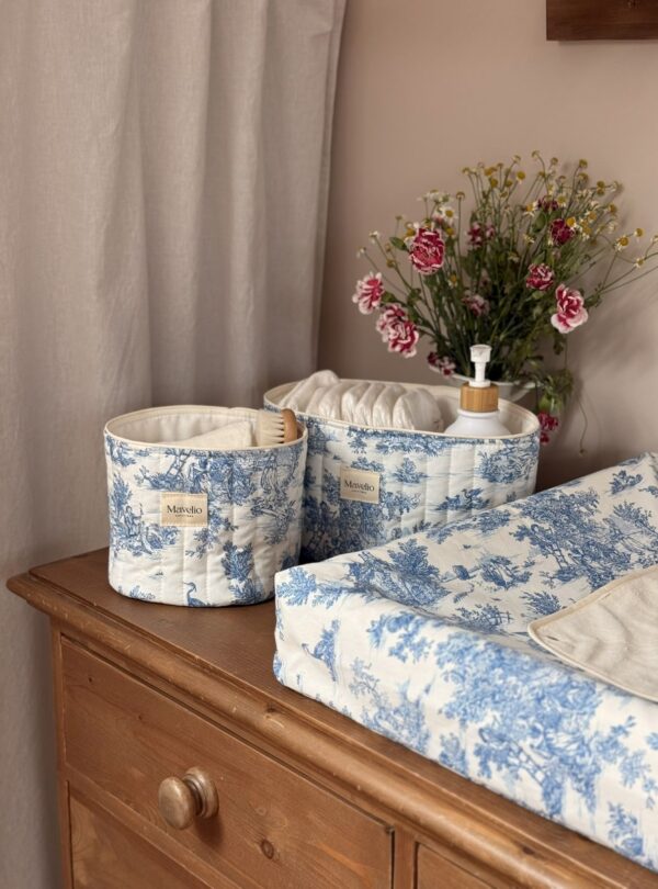 panières de rangement matelassé toile de jouy bleu