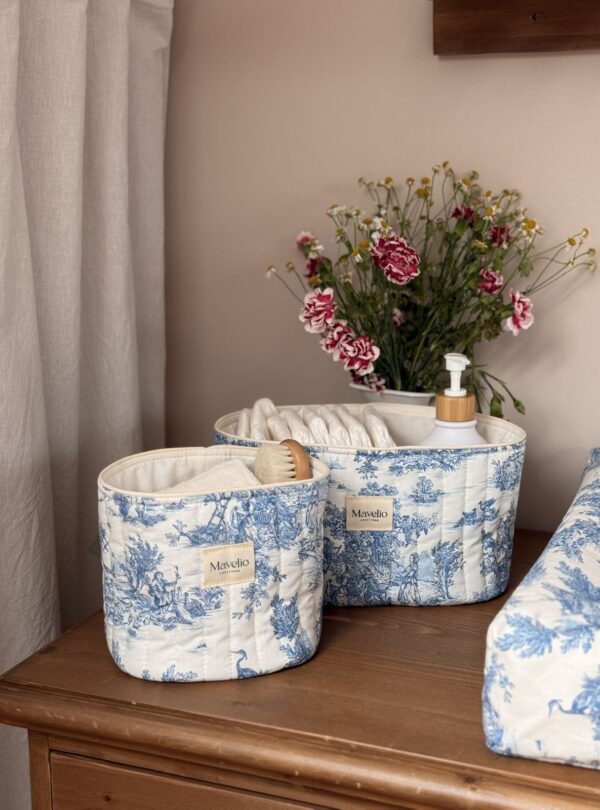 panières de rangement matelassé toile de jouy bleu