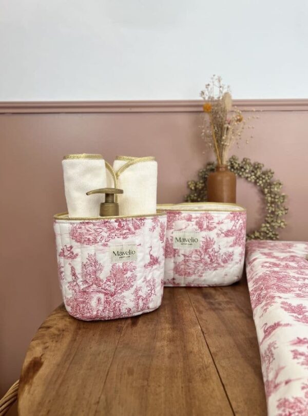 panières de rangement matelassées toile de jouy framboise