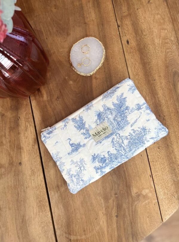 pochette plate matelassé toile de jouy bleu