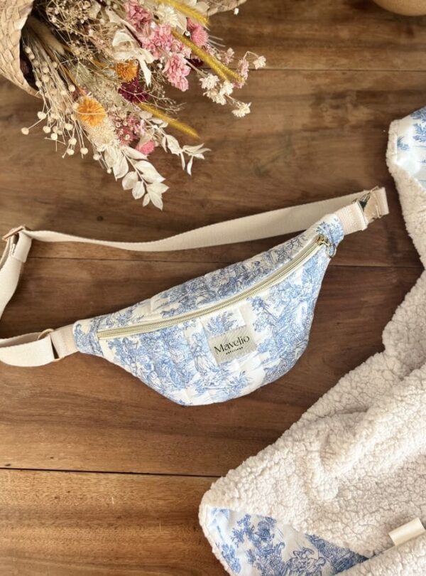 sac banane matelassé toile de jouy bleu
