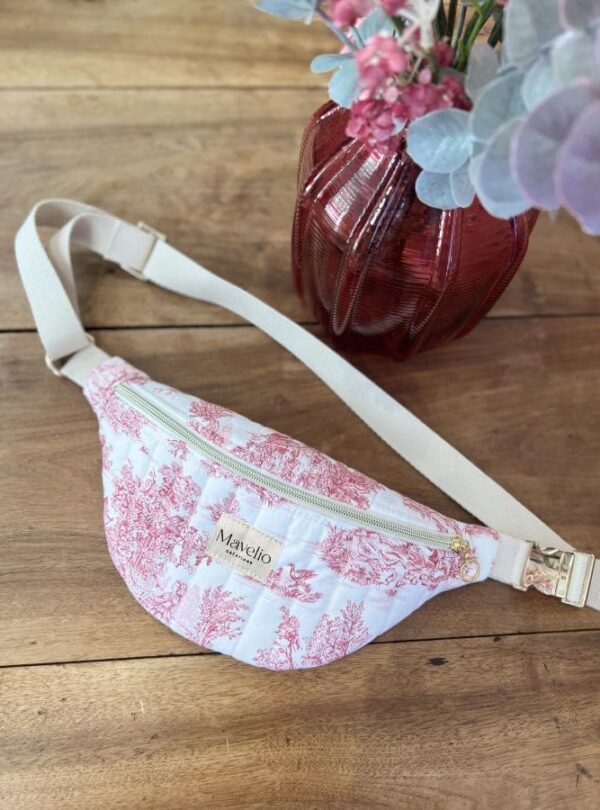 sac banane matelassé toile de jouy framboise