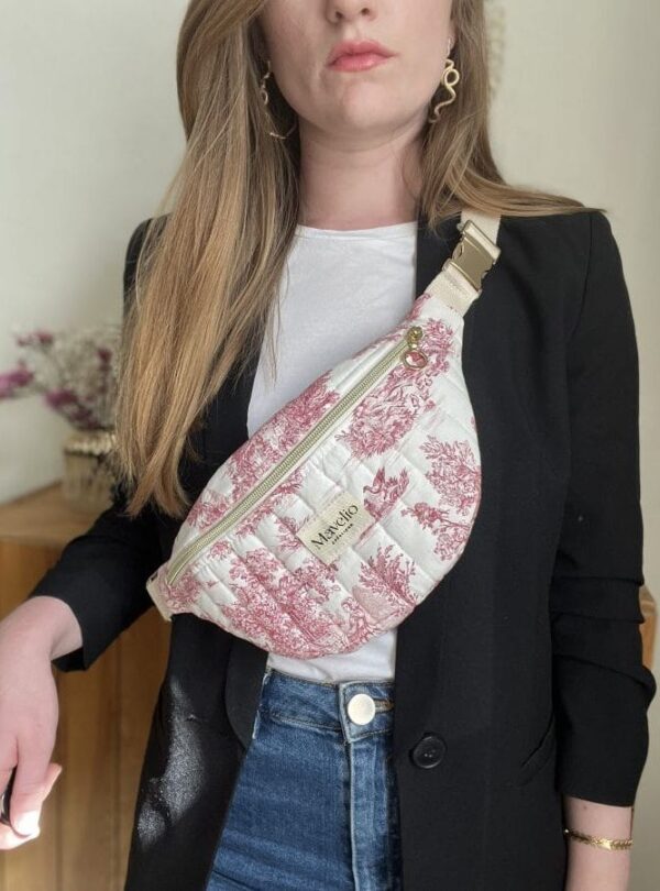 sac banane matelassé toile de jouy framboise
