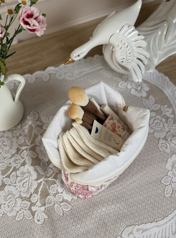 trousse de toilette matelassé toile de jouy framboise