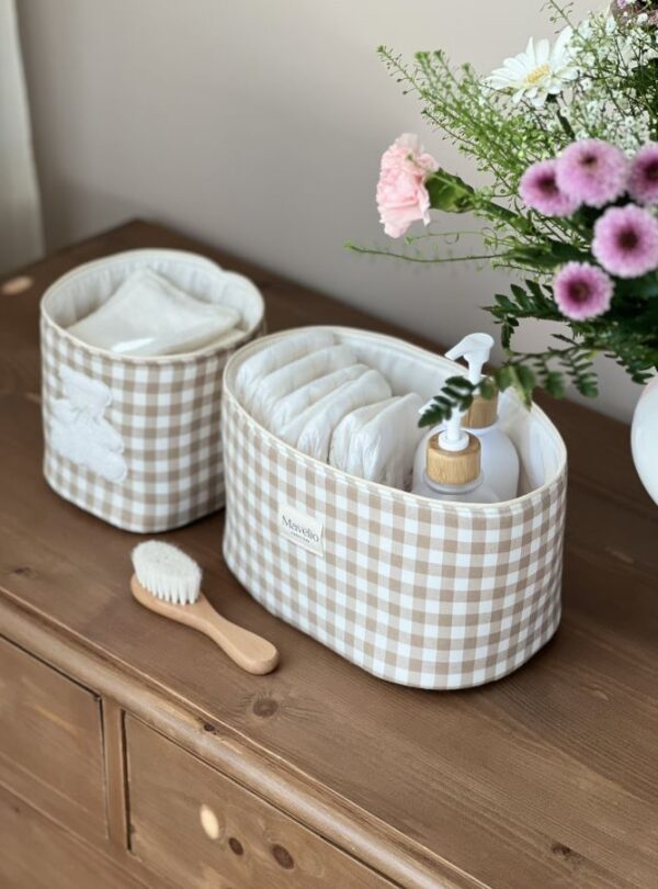 panières de rangement vichy beige ourson