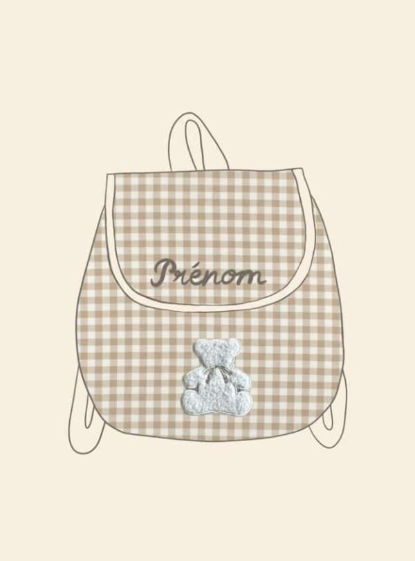 sac à dos enfant cottage vichy beige broderie ourson + prénom