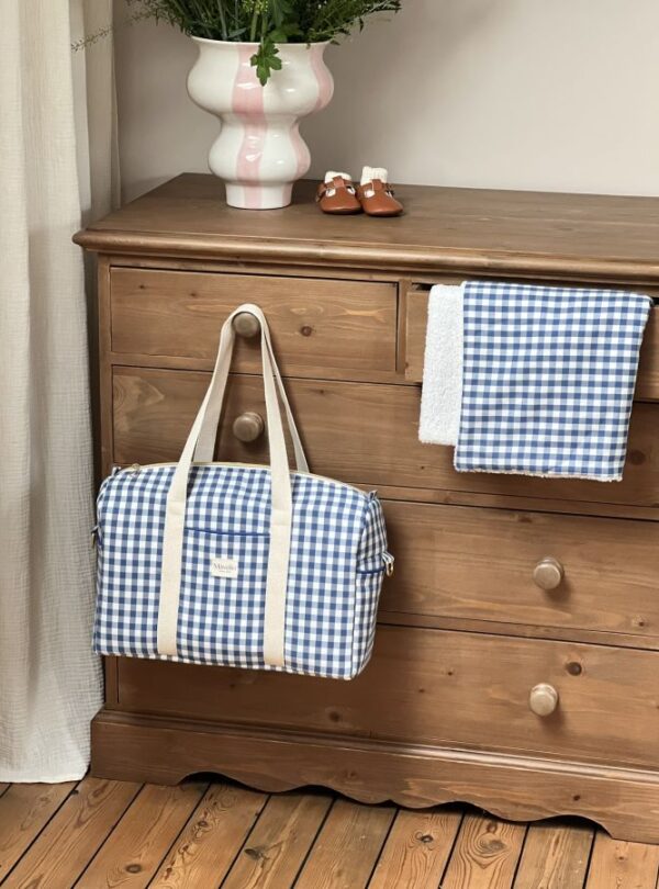 sac à langer vichy bleu et couverture