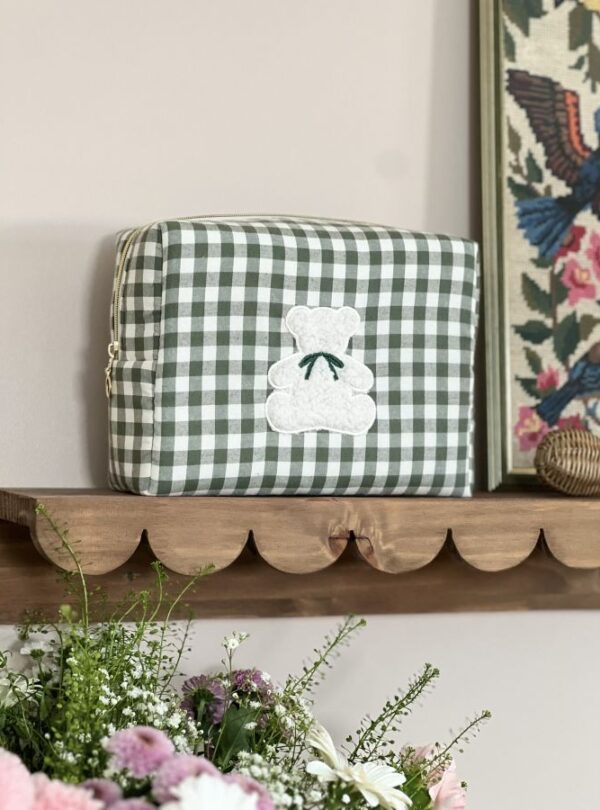 trousse de toilette vichy vert ourson