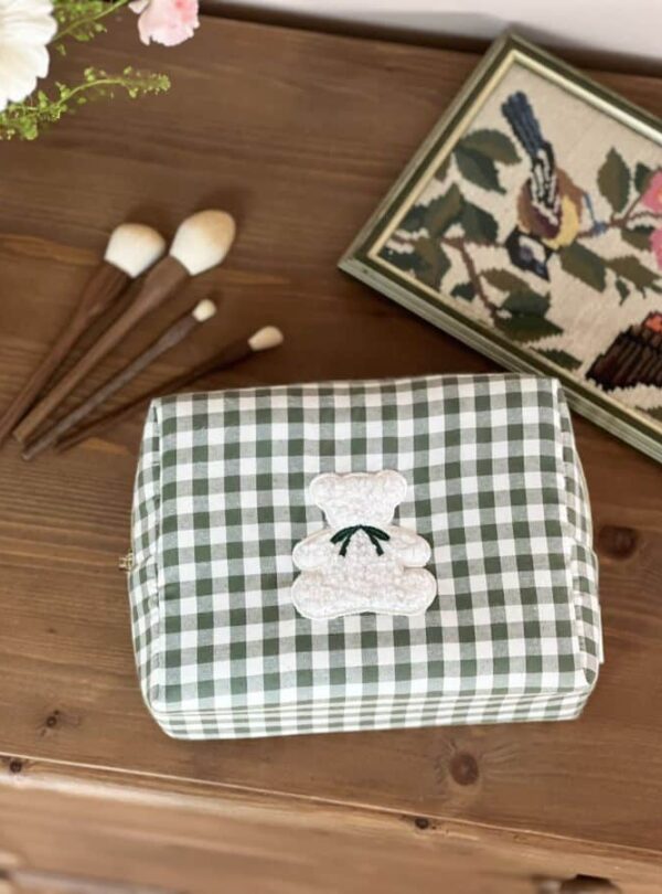 trousse de toilette vichy vert ourson