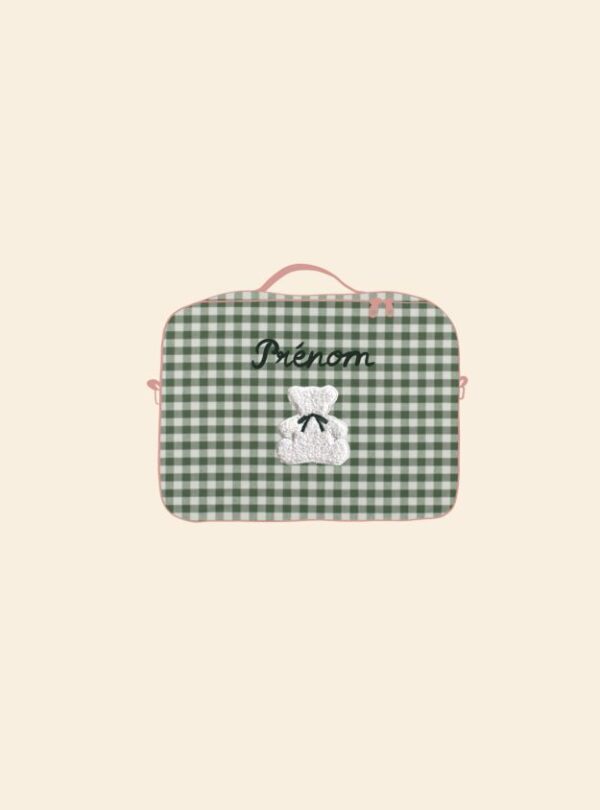 valisette cottage vichy vert broderie ourson + prénom