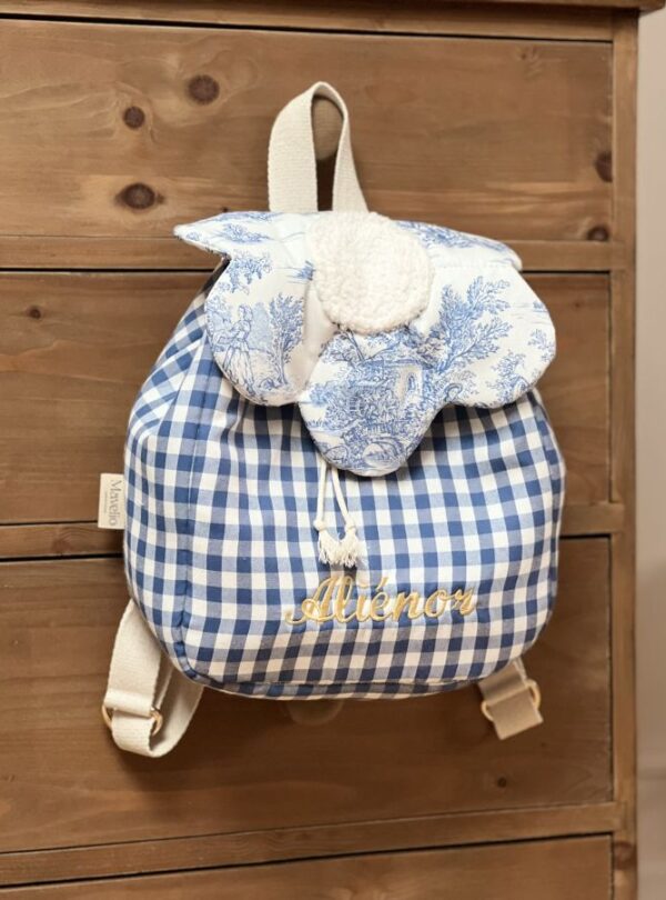 sac à dos enfant rabat fleur vichy et toile de jouy bleu