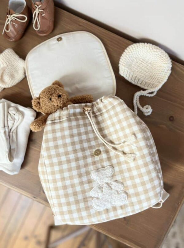 sac à dos enfant vichy beige broderie ourson et prénom