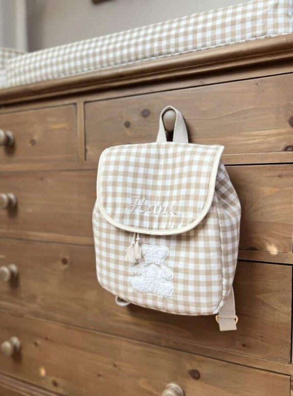 sac à dos enfant vichy beige broderie ourson et prénom