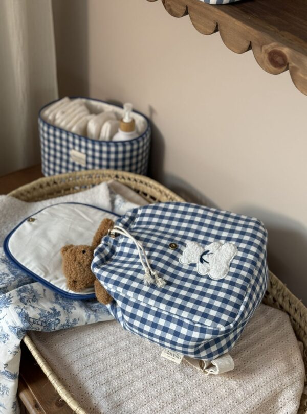 sac à dos enfant vichy bleu broderie ourson et prénom