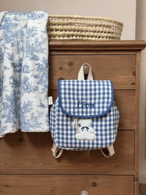 sac à dos enfant vichy bleu broderie ourson et prénom