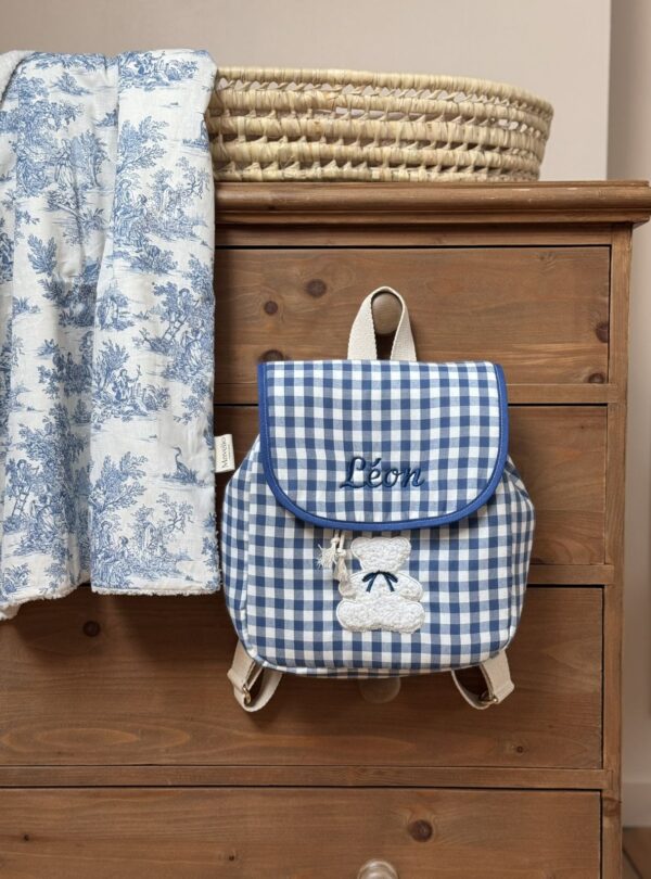 sac à dos enfant vichy bleu broderie ourson et prénom