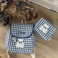 sac à dos enfant vichy bleu broderie ourson et prénom