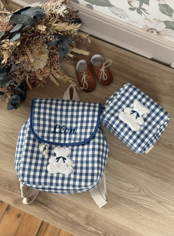 sac à dos enfant vichy bleu broderie ourson et prénom
