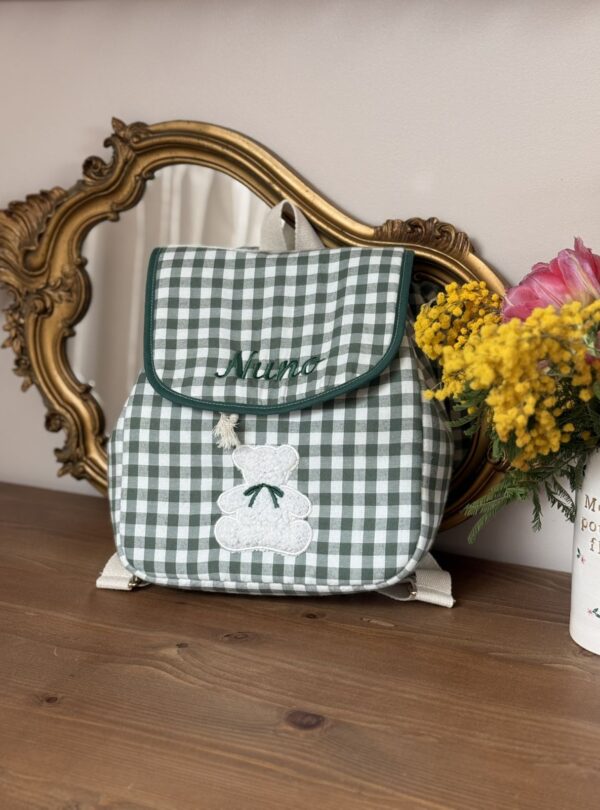 sac à dos enfant vichy vert personnalisé broderie ourson et prénom