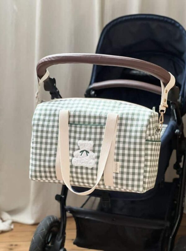 sac à langer cottage attaches poussette vichy vert ourson