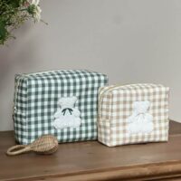 trousses de toilette cottage ourson vichy vert et beige