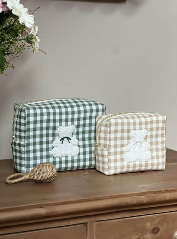 trousses de toilette cottage ourson vichy vert et beige