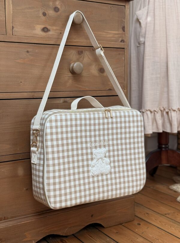 valisette enfant vichy beige broderie ourson personnalisé
