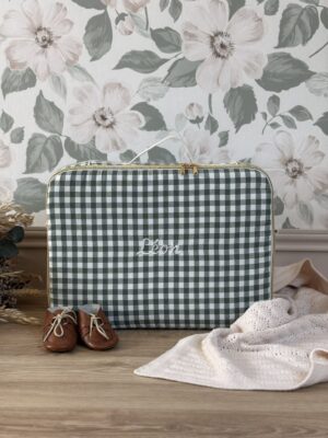 valisette naissance vichy vert personnalisé broderie