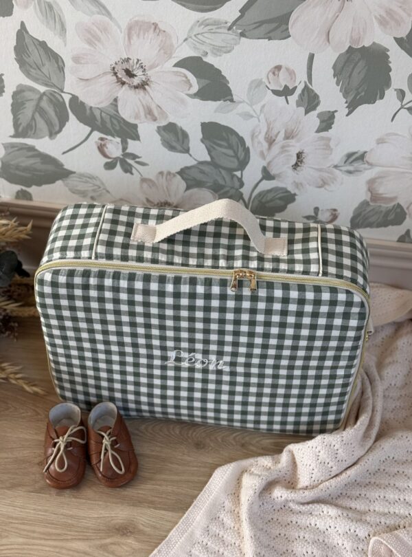 valisette naissance vichy vert personnalisé broderie