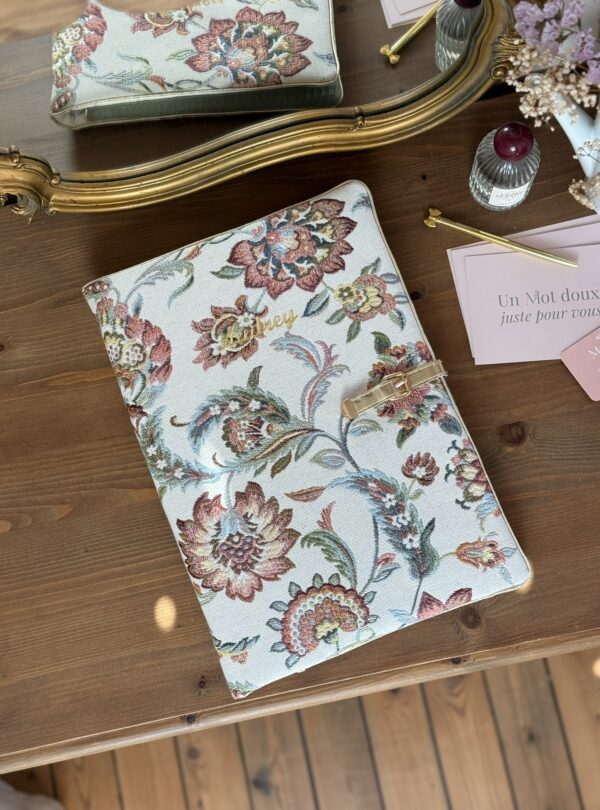 pochette pour ordinateur portable en jacquard fleuri et nid abeille kaki