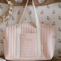 sac à langer matelassé gaze de coton beige rosé personnalisé avec broderie