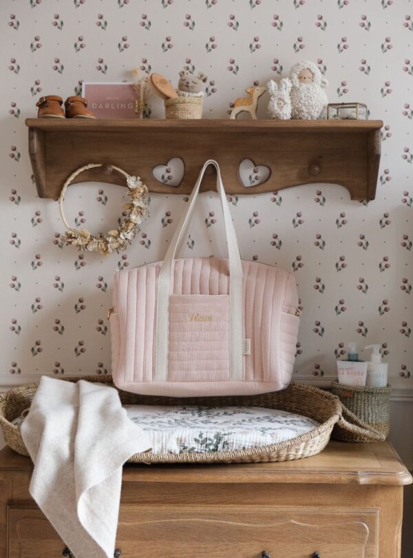 sac à langer matelassé gaze de coton beige rosé personnalisé avec broderie