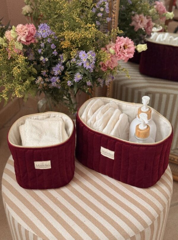panières de rangement matelassé velours bordeaux
