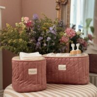 panières de rangement matelassé velours rose