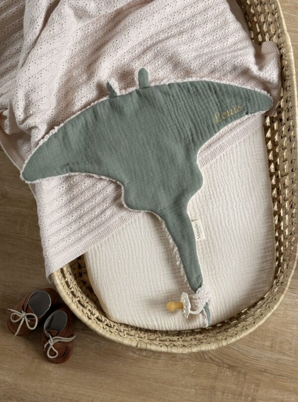 doudou raie manta gaze de coton kaki personnalisé