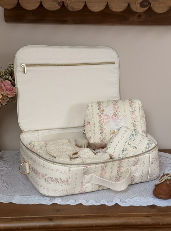 intérieur valisette tendres rayures fleurie rose