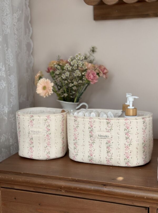 panières de rangement rayé fleuri rose tendre rayures