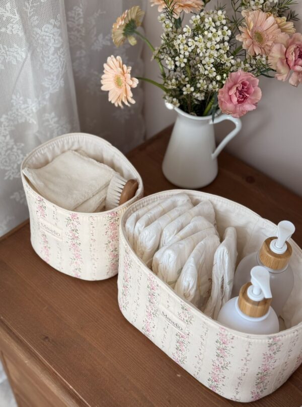 panières de rangement rayé fleuri rose tendre rayures