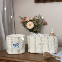 panières de rangement tendres rayures fleuri broderie oie bleu